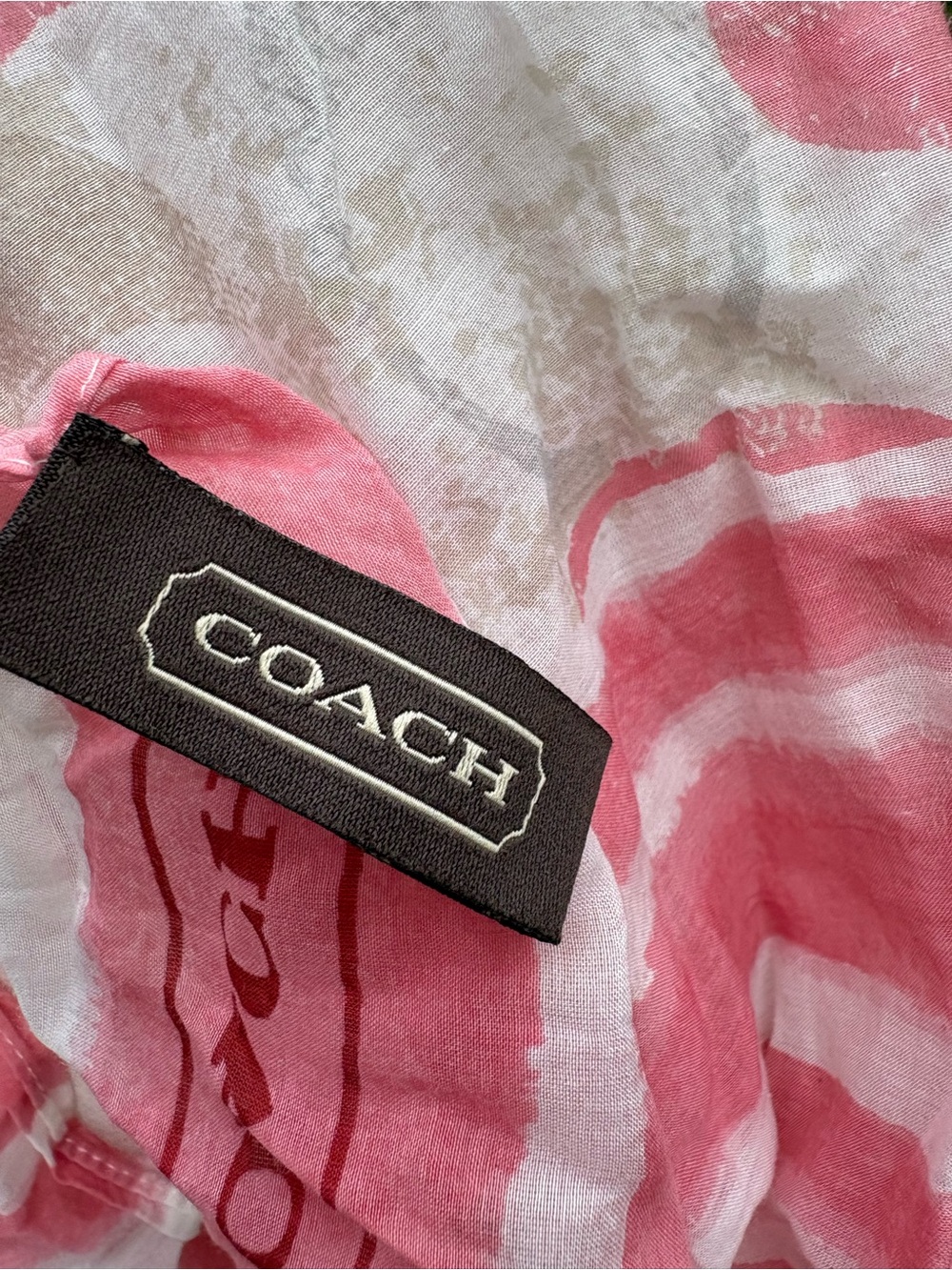 70% Cotton, 30% silk Coach Pink & White Striped Lightweight Logo Scarf - Picture 5 of 6
